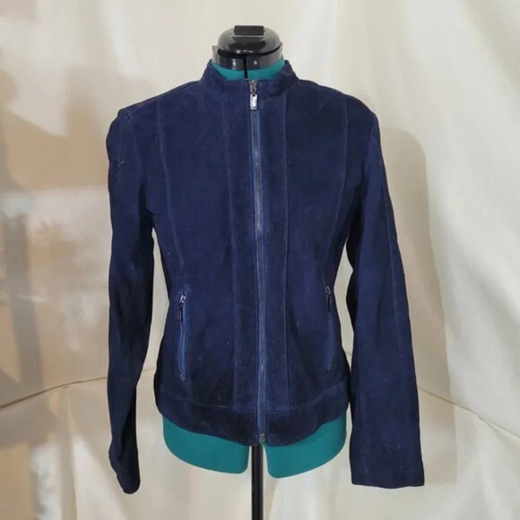 Anne Klein Blue Suede Leather Jacket - Size Small - Picture 2 of 11
